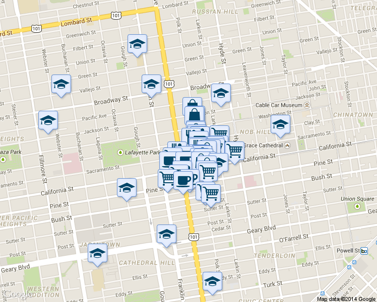 map of restaurants, bars, coffee shops, grocery stores, and more near 1750 Van Ness Avenue in San Francisco