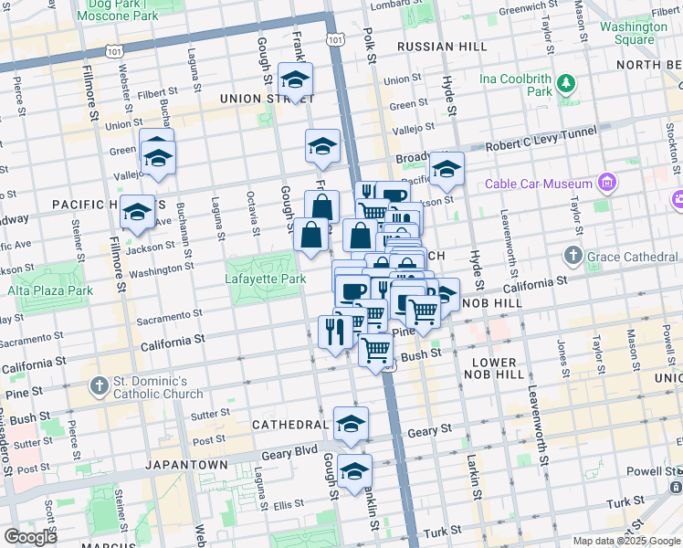 map of restaurants, bars, coffee shops, grocery stores, and more near 1700 Franklin Street in San Francisco