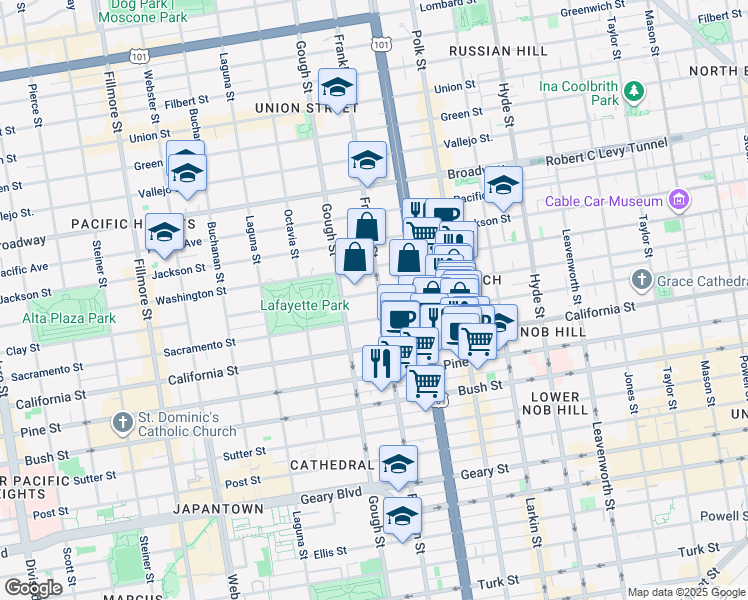 map of restaurants, bars, coffee shops, grocery stores, and more near 1700 Franklin Street in San Francisco