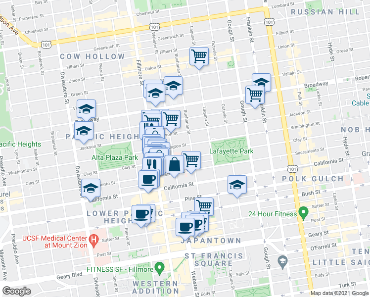 map of restaurants, bars, coffee shops, grocery stores, and more near 2333 Buchanan Street in San Francisco