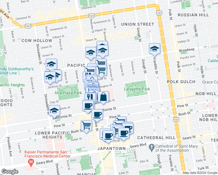 map of restaurants, bars, coffee shops, grocery stores, and more near 2333 Buchanan Street in San Francisco