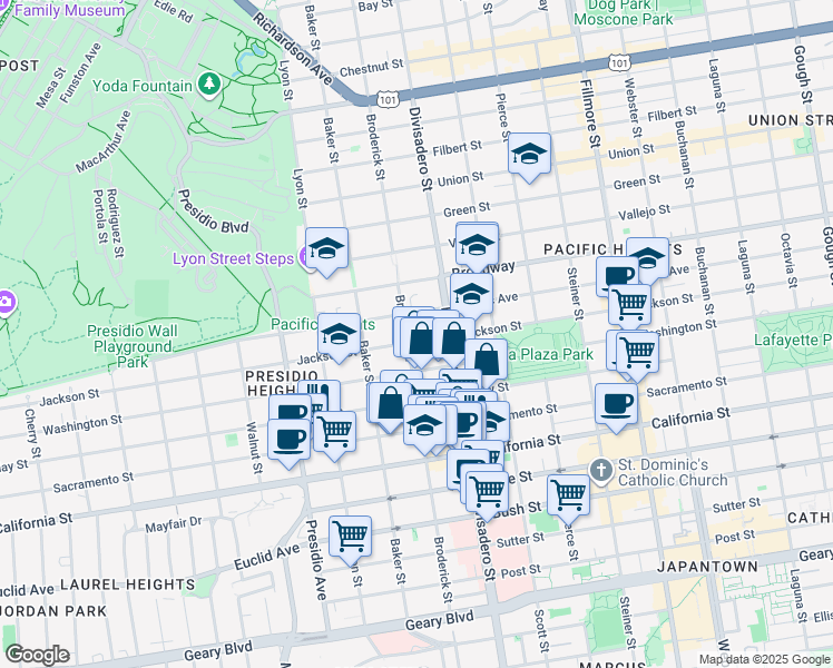 map of restaurants, bars, coffee shops, grocery stores, and more near 2970 Washington Street in San Francisco