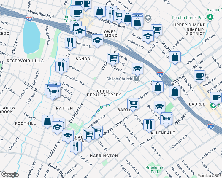 map of restaurants, bars, coffee shops, grocery stores, and more near 3240 Nicol Avenue in Oakland