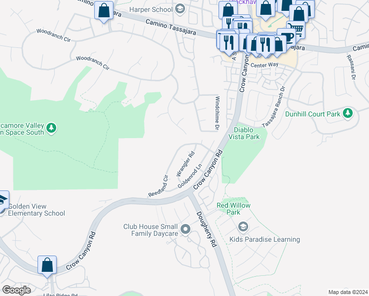 map of restaurants, bars, coffee shops, grocery stores, and more near 4101 Reedland Circle in San Ramon