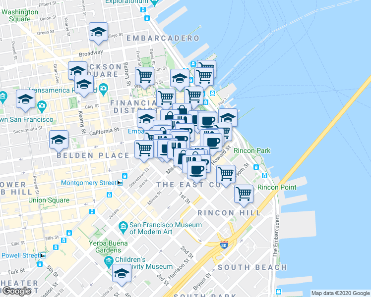 map of restaurants, bars, coffee shops, grocery stores, and more near 258 Mission Street in San Francisco