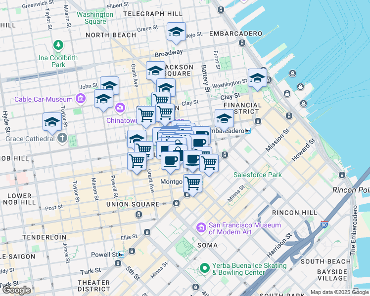 map of restaurants, bars, coffee shops, grocery stores, and more near 250 Montgomery Street in San Francisco