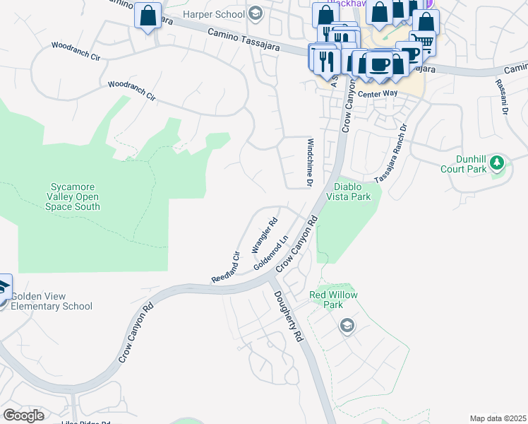 map of restaurants, bars, coffee shops, grocery stores, and more near 4101 Reedland Circle in San Ramon