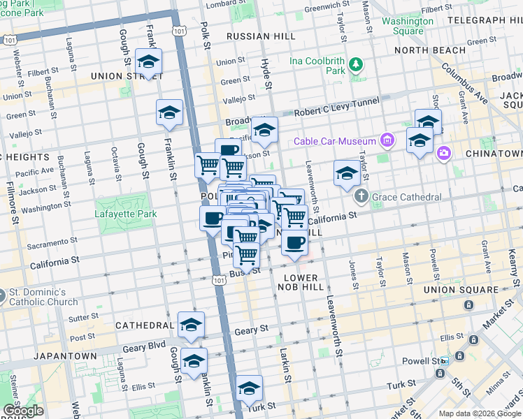 map of restaurants, bars, coffee shops, grocery stores, and more near Sacramento St & Larkin St in San Francisco