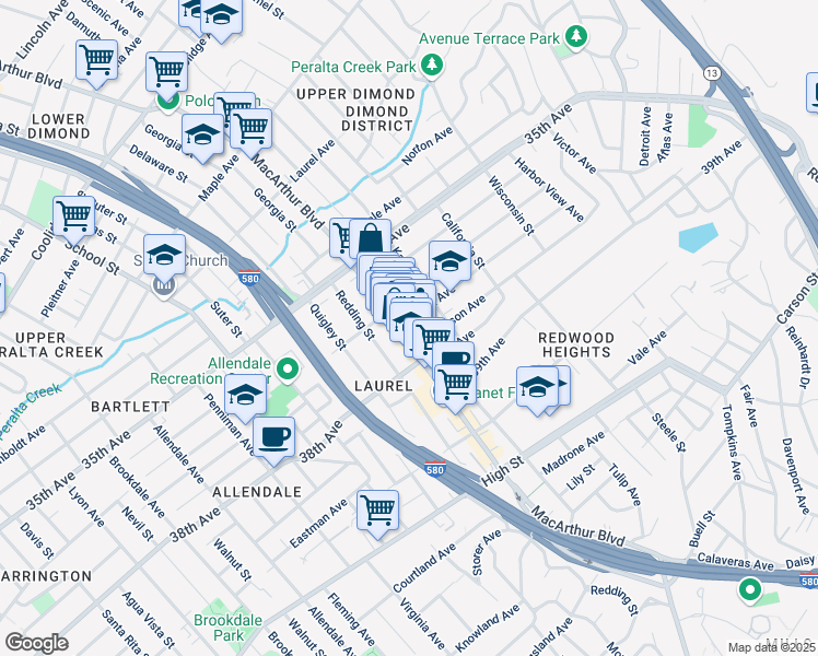 map of restaurants, bars, coffee shops, grocery stores, and more near 3600 Loma Vista Avenue in Oakland