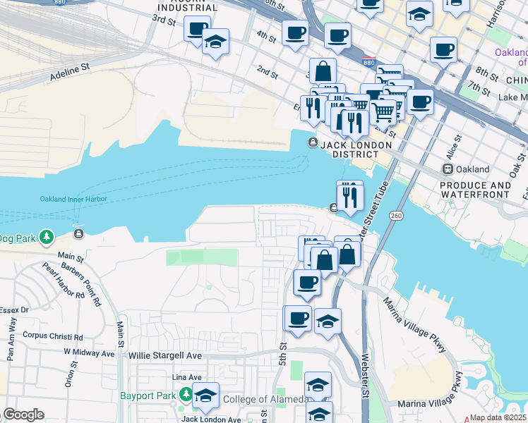 map of restaurants, bars, coffee shops, grocery stores, and more near 423 Sentinel Drive in Alameda