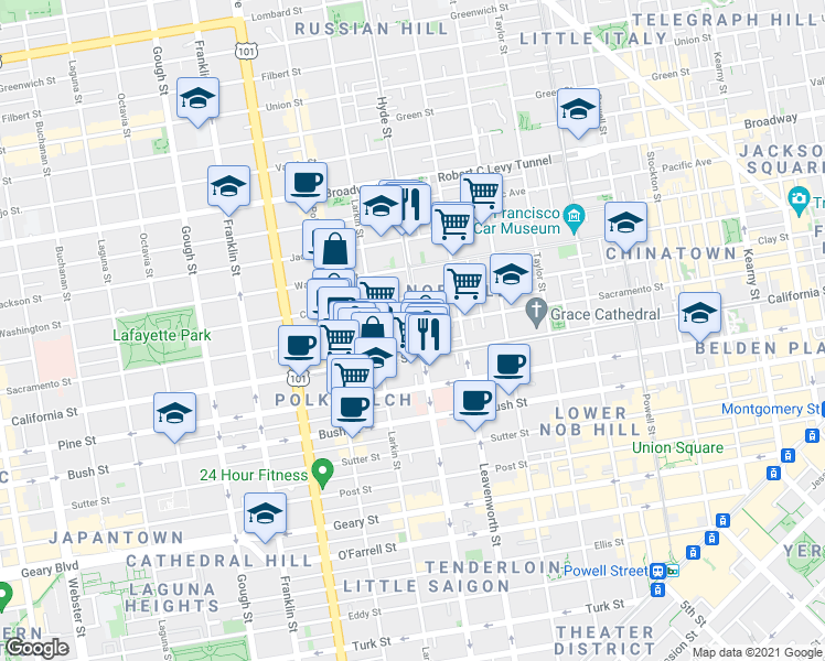 map of restaurants, bars, coffee shops, grocery stores, and more near in San Francisco