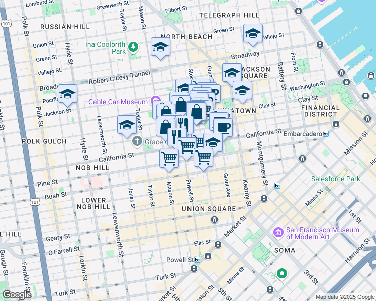 map of restaurants, bars, coffee shops, grocery stores, and more near 875 California Street in San Francisco
