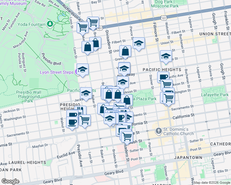 map of restaurants, bars, coffee shops, grocery stores, and more near 2810 Pacific Avenue in San Francisco