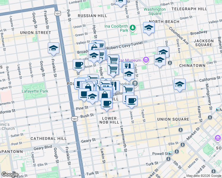 map of restaurants, bars, coffee shops, grocery stores, and more near 1437 Sacramento Street in San Francisco