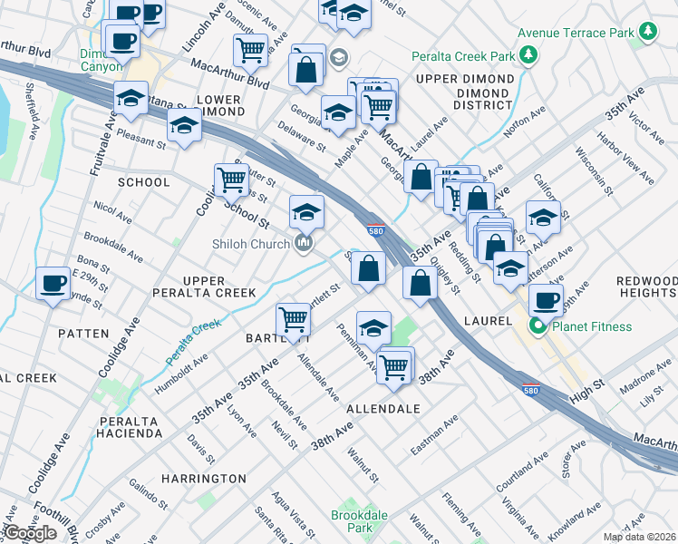 map of restaurants, bars, coffee shops, grocery stores, and more near 3361 Suter Street in Oakland