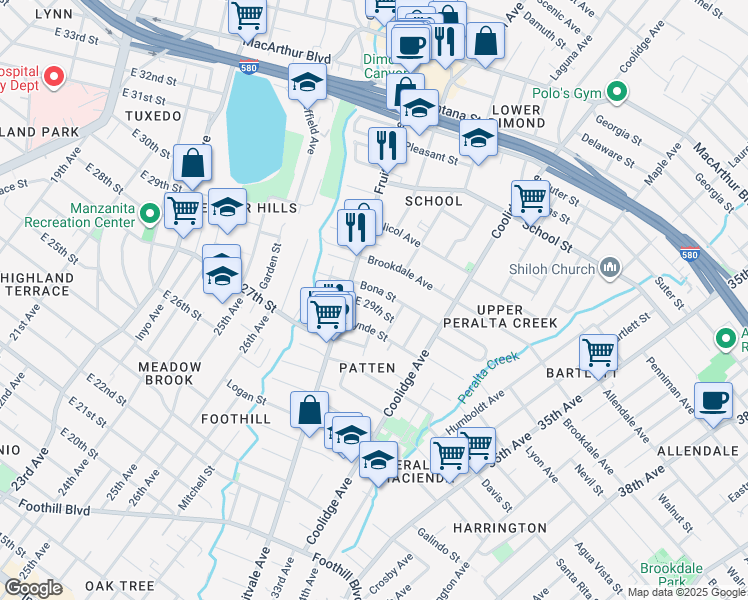 map of restaurants, bars, coffee shops, grocery stores, and more near 2930 Bona Street in Oakland