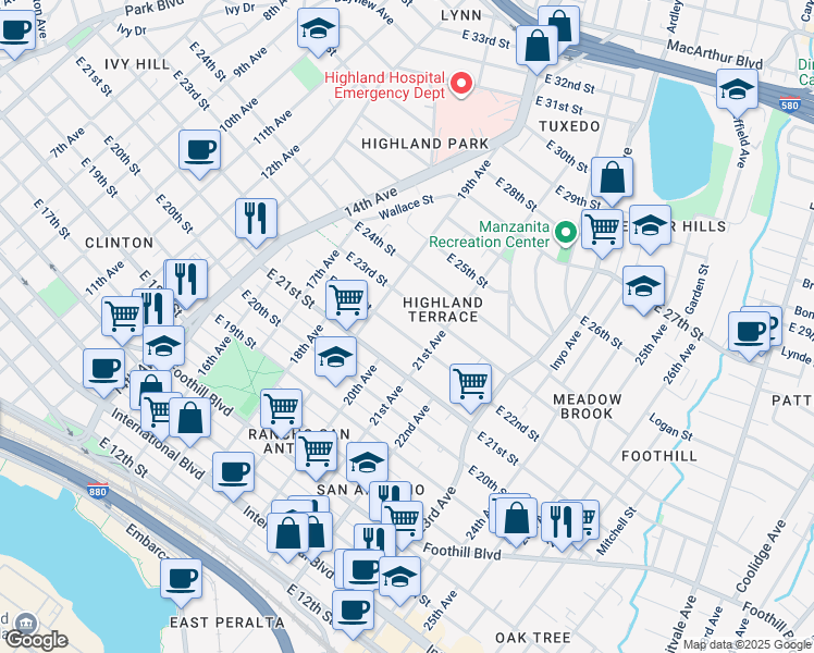map of restaurants, bars, coffee shops, grocery stores, and more near 2004 East 23rd Street in Oakland