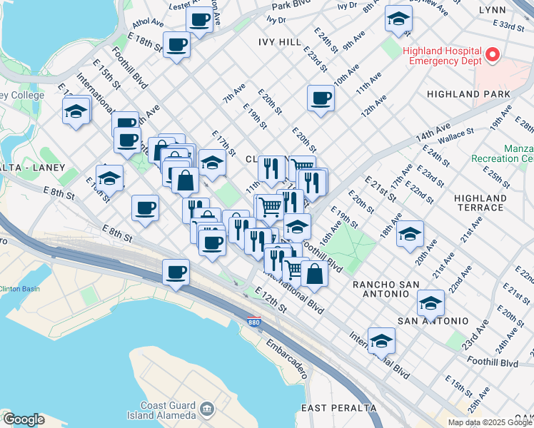 map of restaurants, bars, coffee shops, grocery stores, and more near 1701 12th Avenue in Oakland