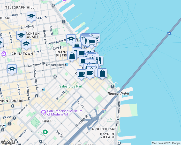map of restaurants, bars, coffee shops, grocery stores, and more near in San Francisco