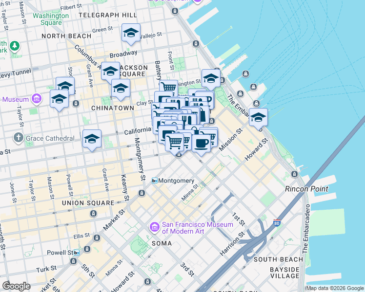 map of restaurants, bars, coffee shops, grocery stores, and more near 62 Pine Street in San Francisco