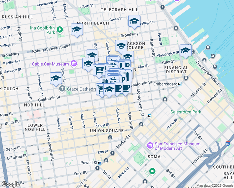 map of restaurants, bars, coffee shops, grocery stores, and more near 700 California Street in San Francisco