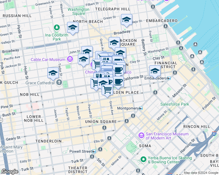 map of restaurants, bars, coffee shops, grocery stores, and more near 700 California Street in San Francisco