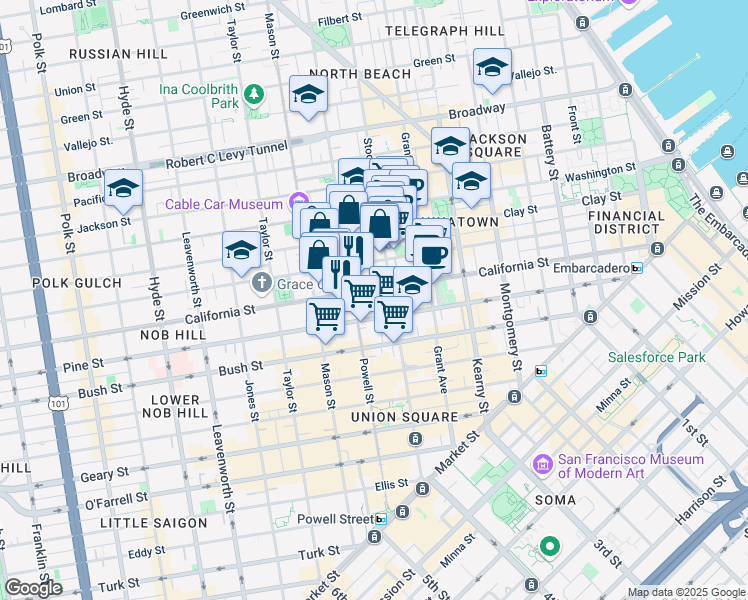 map of restaurants, bars, coffee shops, grocery stores, and more near in San Francisco