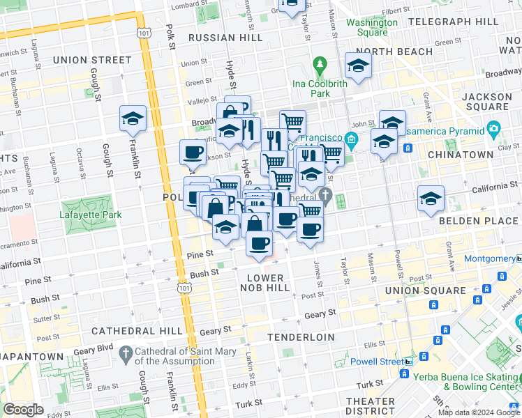 map of restaurants, bars, coffee shops, grocery stores, and more near in San Francisco