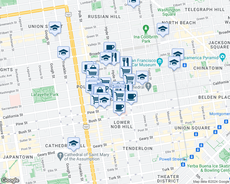 map of restaurants, bars, coffee shops, grocery stores, and more near 1251 Hyde Street in San Francisco