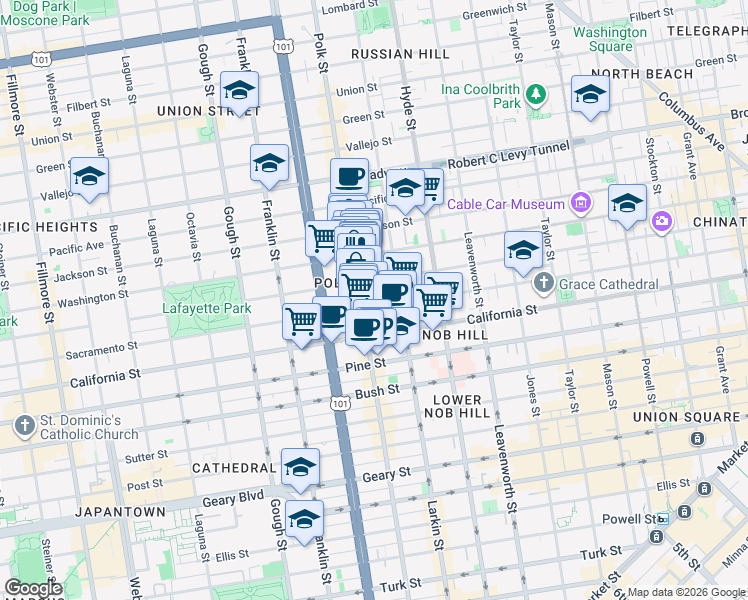 map of restaurants, bars, coffee shops, grocery stores, and more near in San Francisco