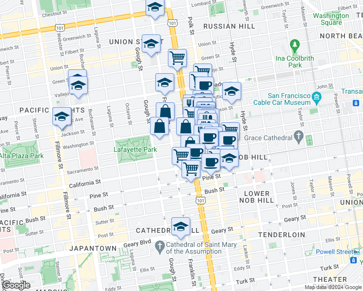 map of restaurants, bars, coffee shops, grocery stores, and more near in San Francisco