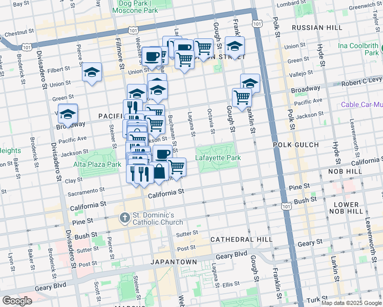 map of restaurants, bars, coffee shops, grocery stores, and more near 2224 Washington Street in San Francisco