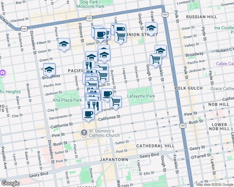map of restaurants, bars, coffee shops, grocery stores, and more near 2439 Buchanan Street in San Francisco