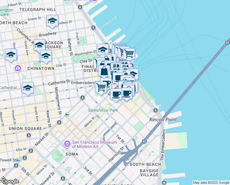 map of restaurants, bars, coffee shops, grocery stores, and more near 123 Mission Street in San Francisco