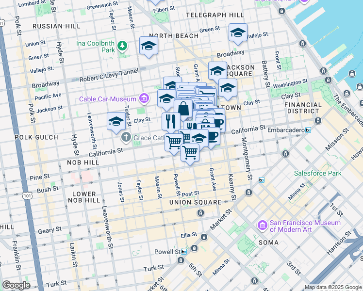 map of restaurants, bars, coffee shops, grocery stores, and more near 790 California Street in San Francisco