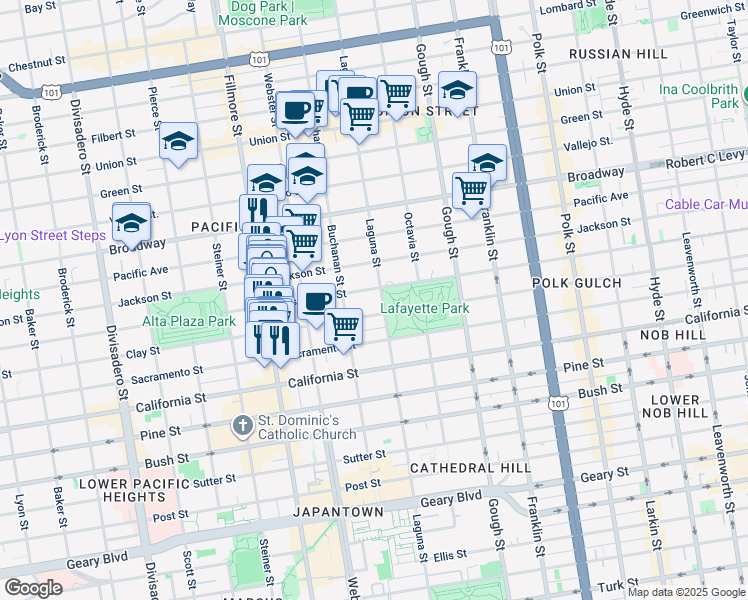 map of restaurants, bars, coffee shops, grocery stores, and more near 2224 Washington Street in San Francisco