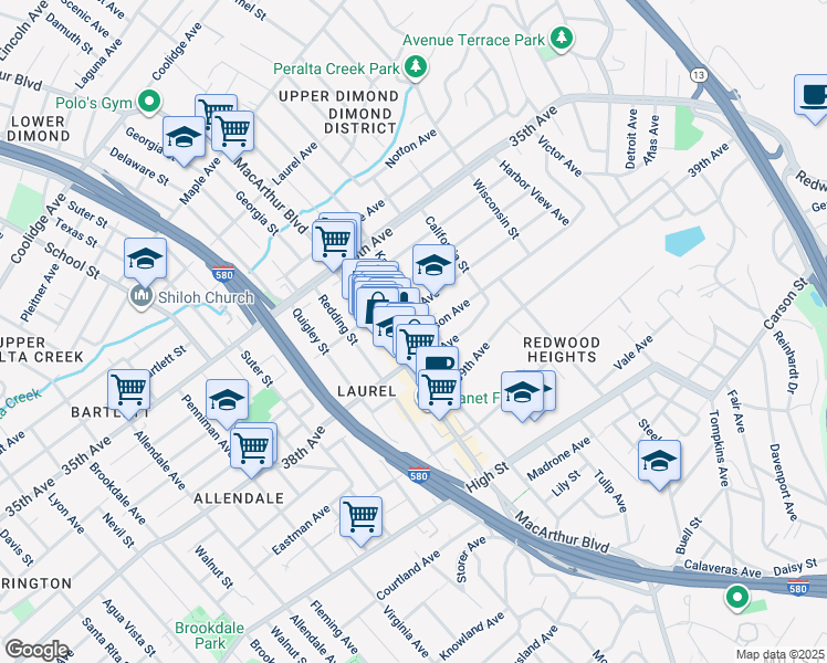 map of restaurants, bars, coffee shops, grocery stores, and more near 3801 Kansas Street in Oakland