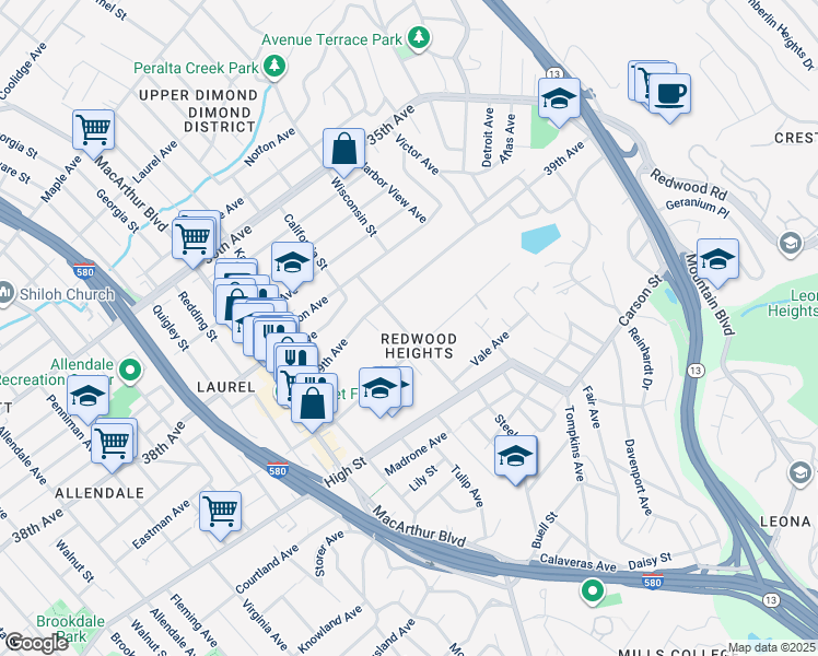 map of restaurants, bars, coffee shops, grocery stores, and more near 4012 Bayo Street in Oakland
