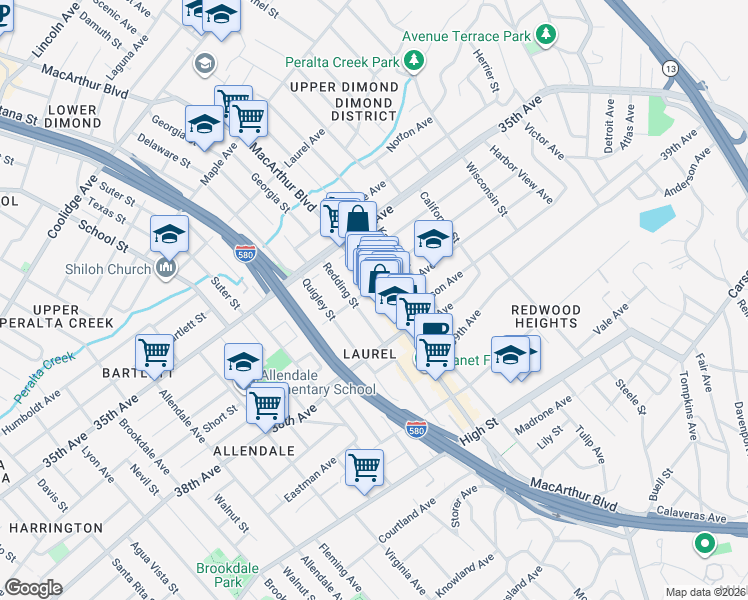 map of restaurants, bars, coffee shops, grocery stores, and more near 3715 MacArthur Boulevard in Oakland