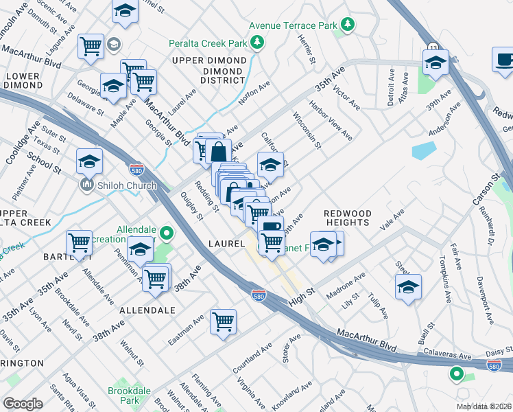 map of restaurants, bars, coffee shops, grocery stores, and more near 3639 Patterson Avenue in Oakland