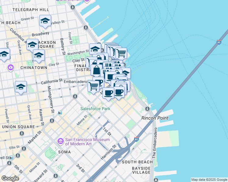 map of restaurants, bars, coffee shops, grocery stores, and more near 91 Spear Street in San Francisco