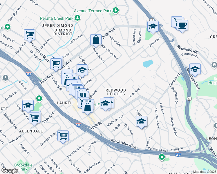 map of restaurants, bars, coffee shops, grocery stores, and more near 3937 Bayo Street in Oakland