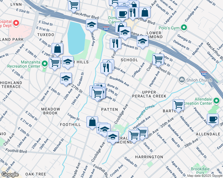 map of restaurants, bars, coffee shops, grocery stores, and more near 2946 East 29th Street in Oakland