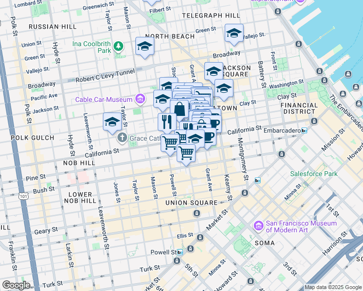 map of restaurants, bars, coffee shops, grocery stores, and more near 645 Stockton Street in San Francisco
