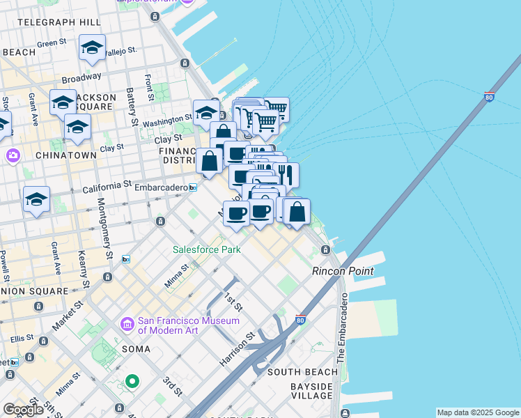 map of restaurants, bars, coffee shops, grocery stores, and more near 121 Spear Street in San Francisco