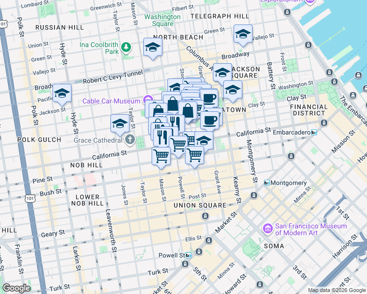 map of restaurants, bars, coffee shops, grocery stores, and more near 851 California Street in San Francisco