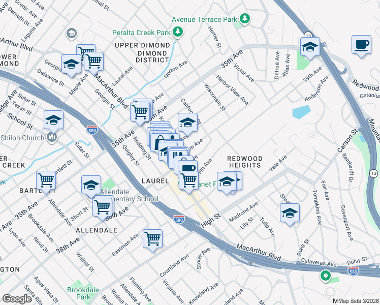 map of restaurants, bars, coffee shops, grocery stores, and more near 3750 Patterson Avenue in Oakland