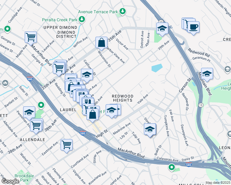 map of restaurants, bars, coffee shops, grocery stores, and more near 3937 Bayo Street in Oakland