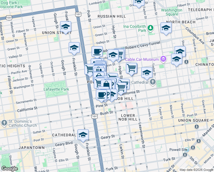 map of restaurants, bars, coffee shops, grocery stores, and more near 1565 Larkin Street in San Francisco