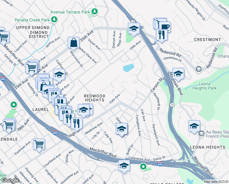map of restaurants, bars, coffee shops, grocery stores, and more near 4111 Harbor View Avenue in Oakland